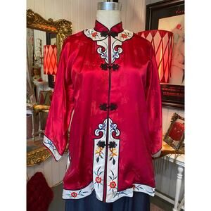 vintage 1960s burgundy asian jacket chinese embroidered mandarin collar medium